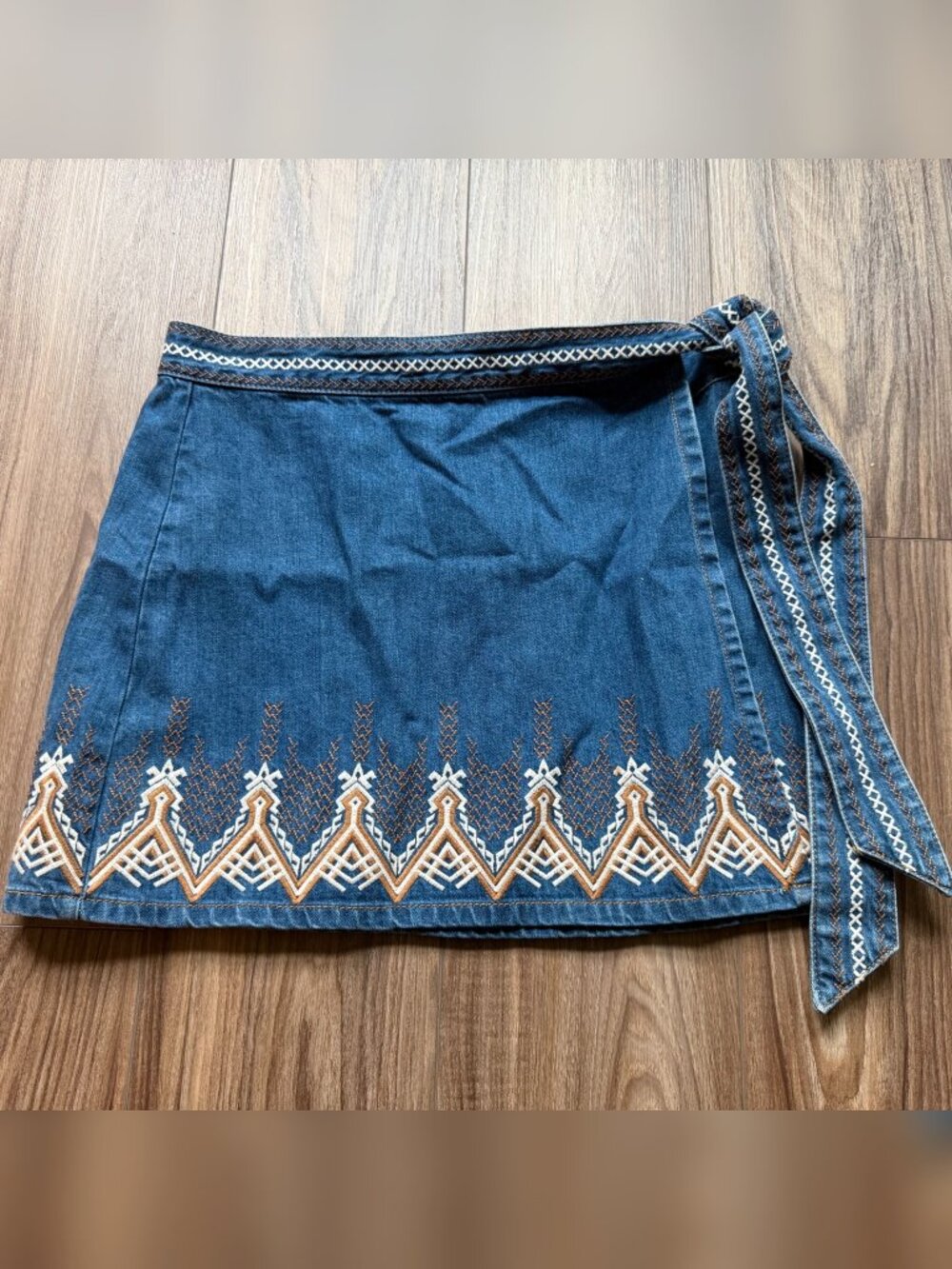 Free People Denim Embroidered Wrap Tie Mini Skirt